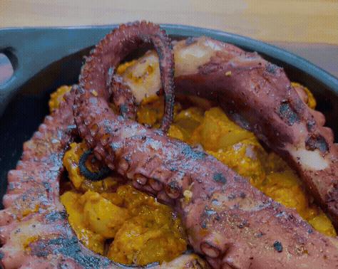 Roasted Potatoes with Manchego and Red Pepper Sauce & Charred Octopus