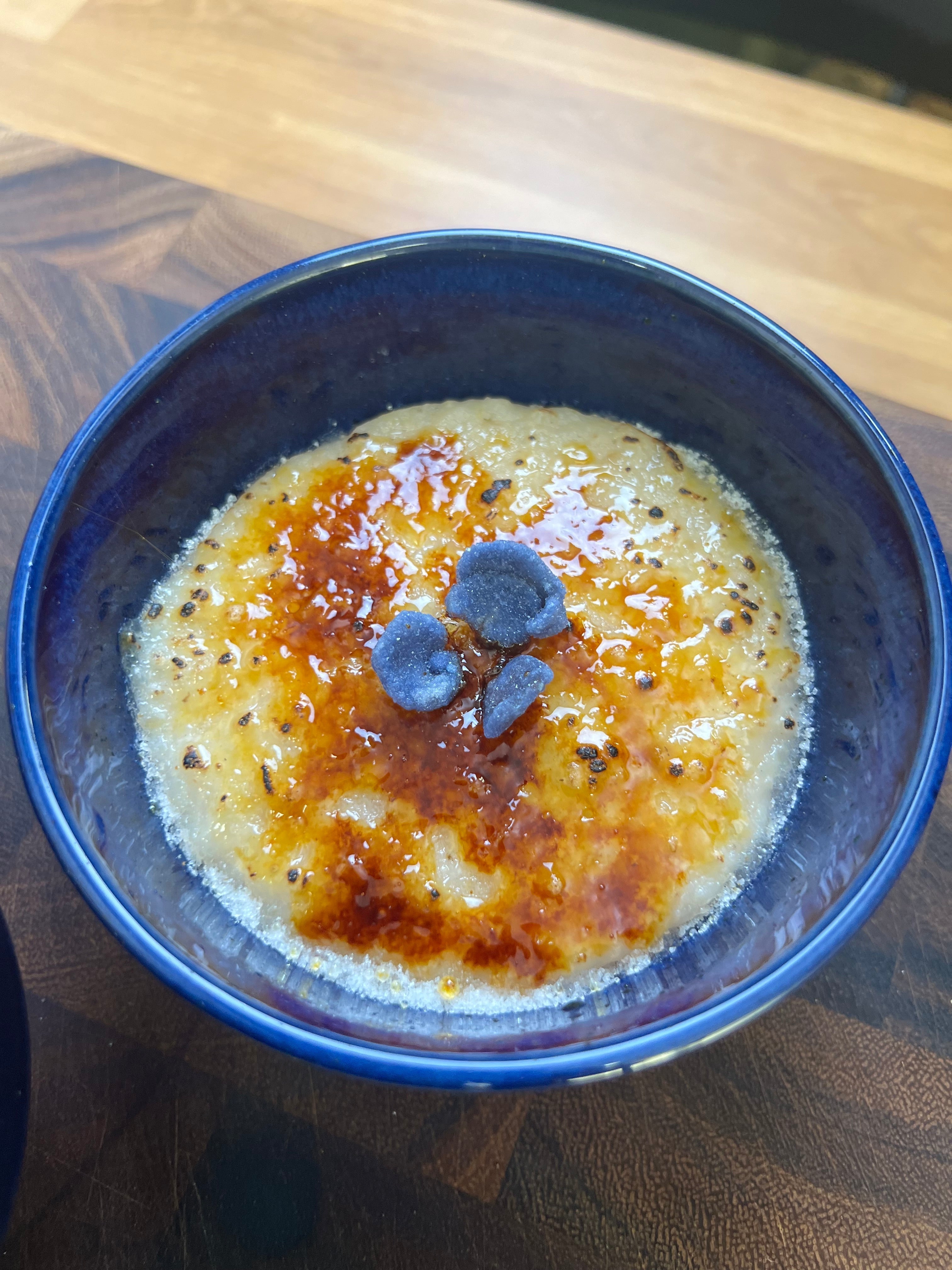 Sticky Rice Crème Brûlée with Coconut & Sugared Violets