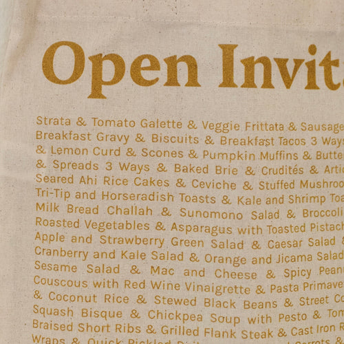 open invitation tote bag detail, list of recipes